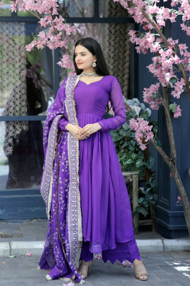 Jyoti Fashion Women's Purple Tabby Silk Designer Kurta with Trouser & Dupatta