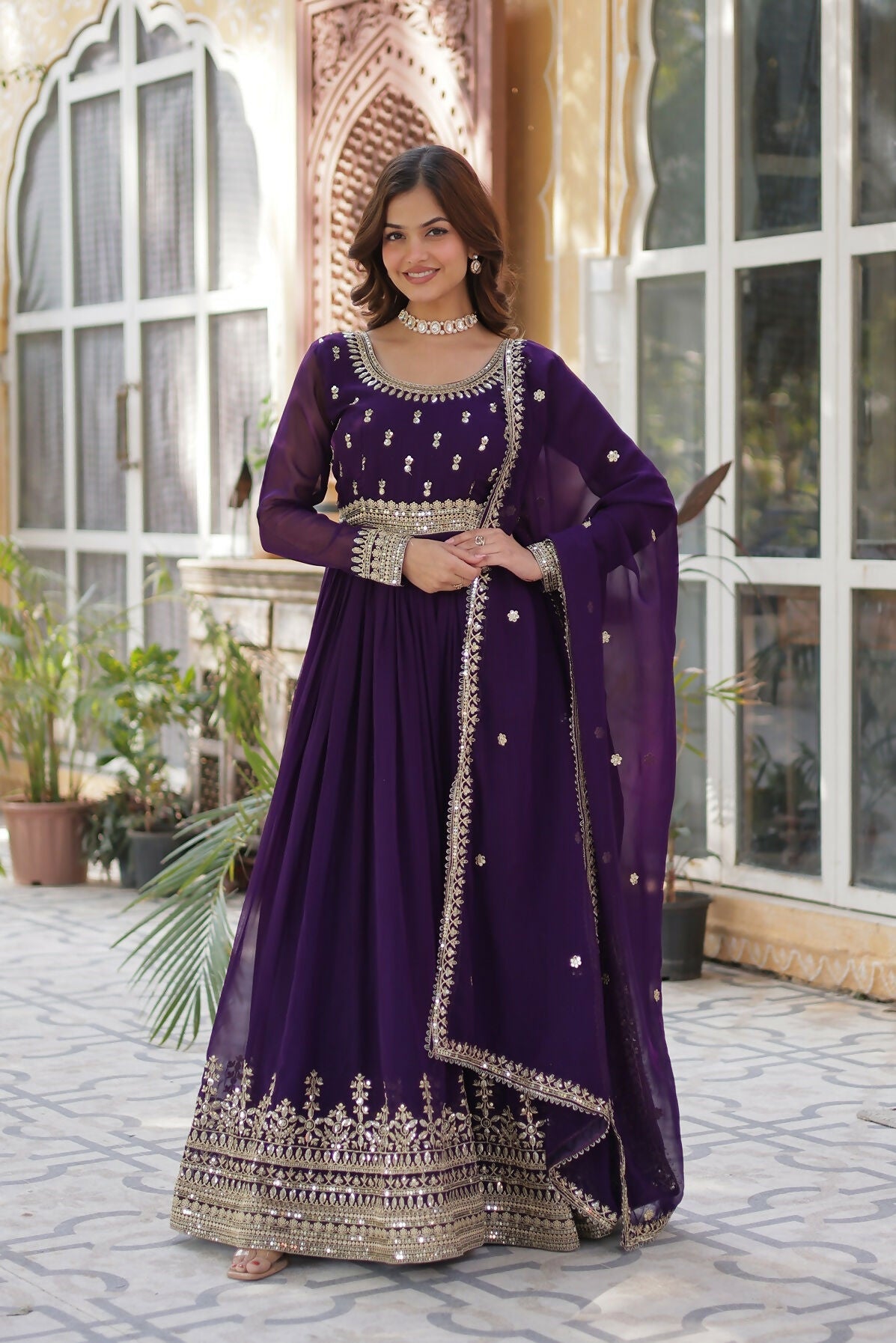 Purple Georgette Kurta Set with Intricate Sequence Embroidery