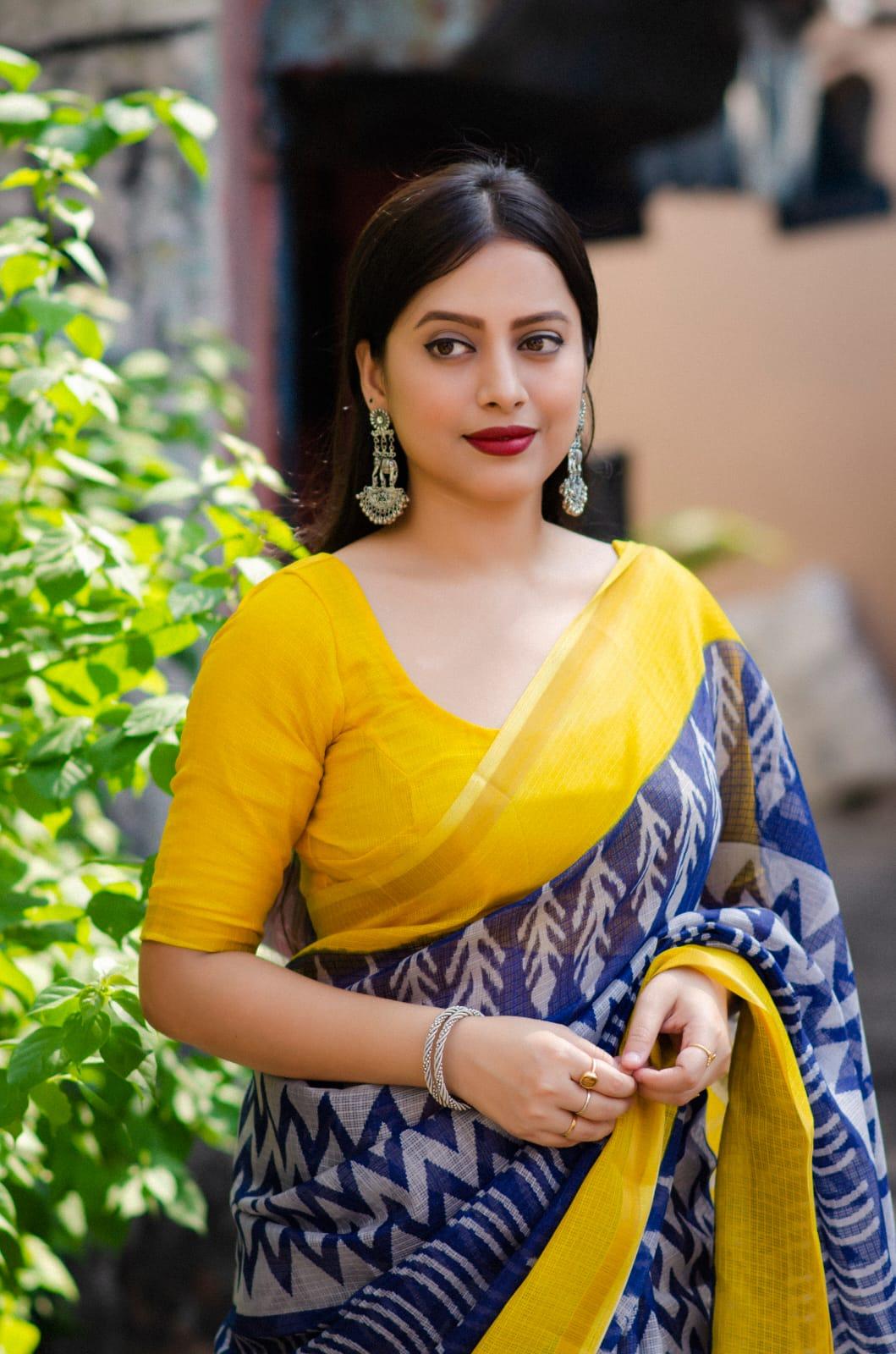 Blue Polycotton Ethnic Motifs Saree with Unstitched Blouse - Hiral Fashion