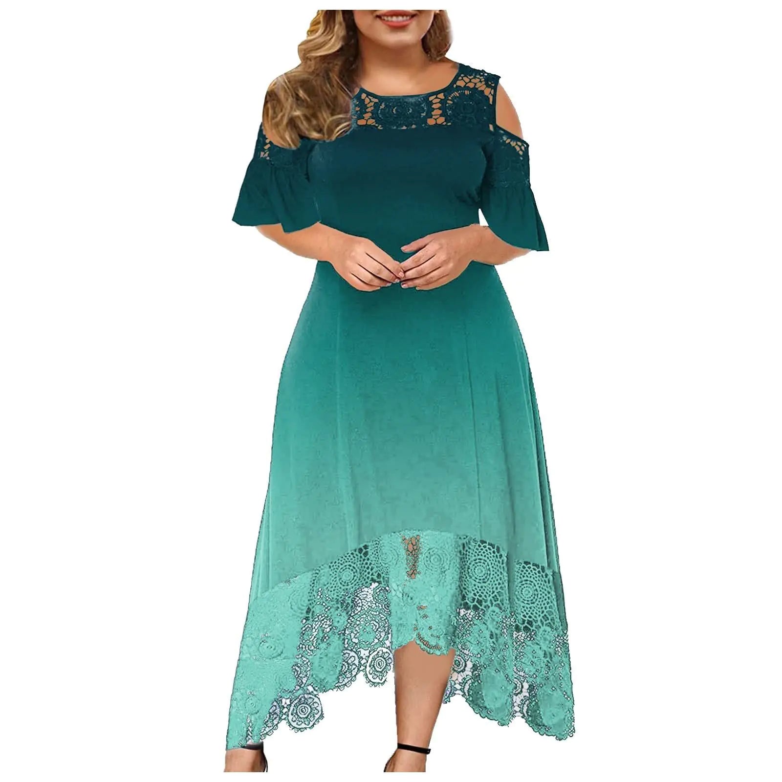 Women's Off-Shoulder Lace Trim Gradient High-Low Dress - Image 31
