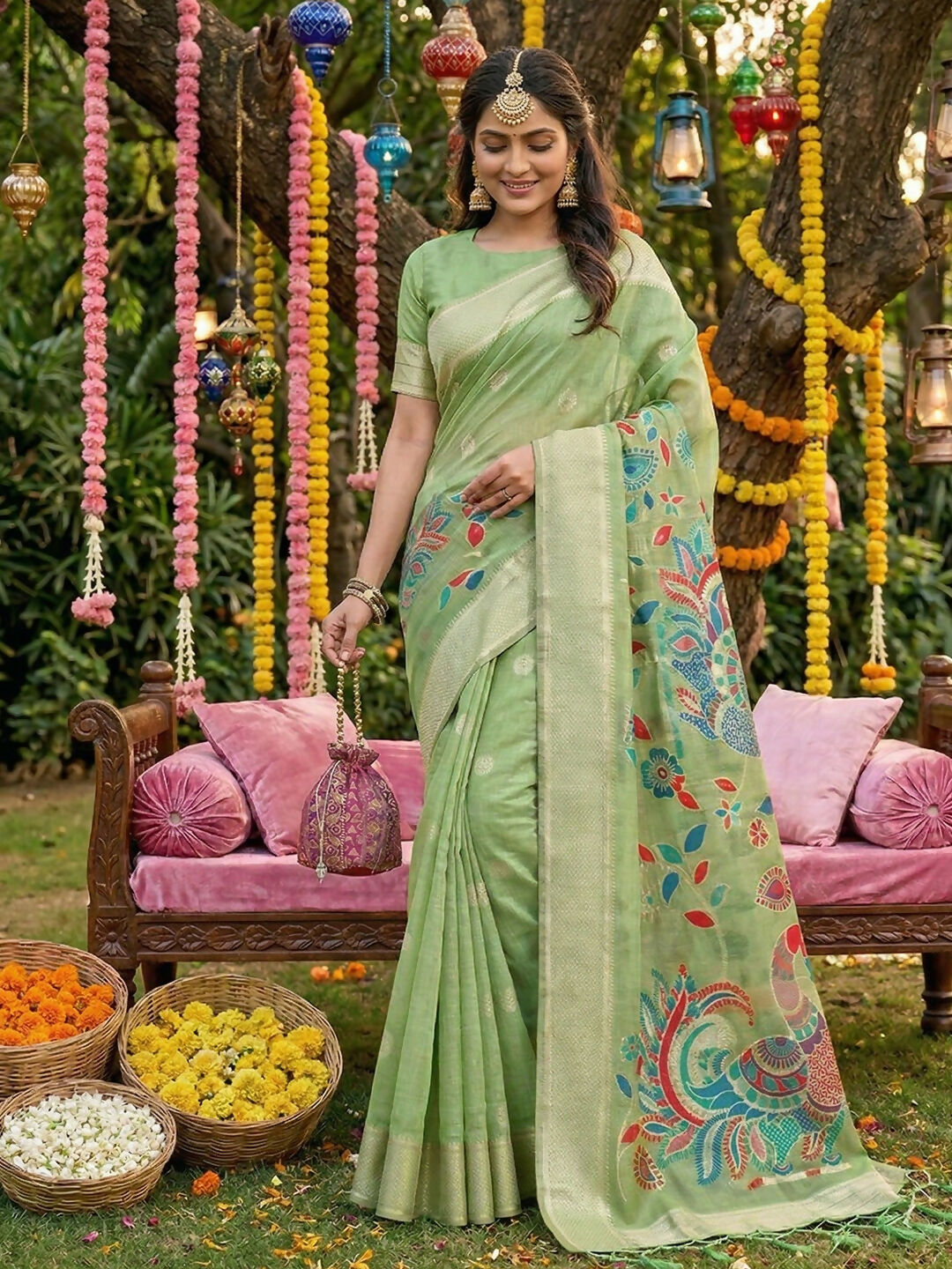 Light Green Linen Cotton Saree with Matching Blouse
