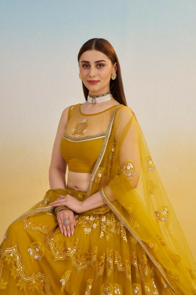Mustard Yellow Butterfly Net Lehenga with Sequence Embroidery
