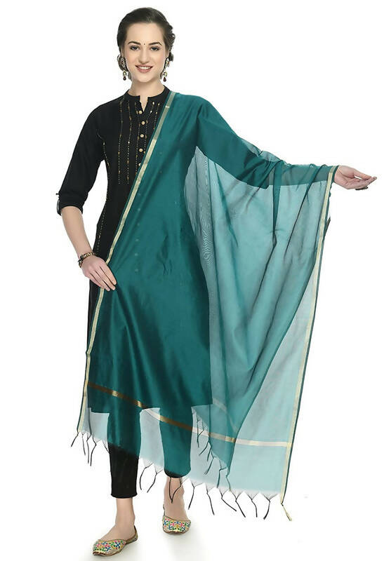 Rama Green Banarsi style dupatta with piping detail
