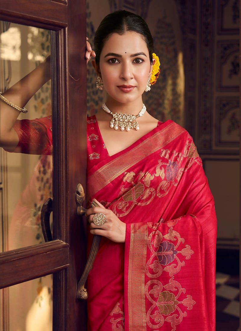 Monjolika Fashion Rani Pink Silk Blend Banarasi Zari Work Classic Saree