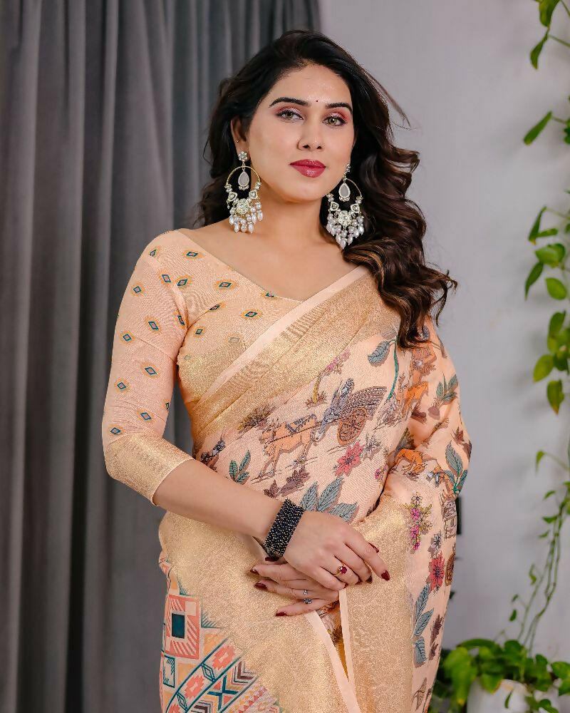 Cream Pure Handloom Linen Saree with Matching Blouse Piece