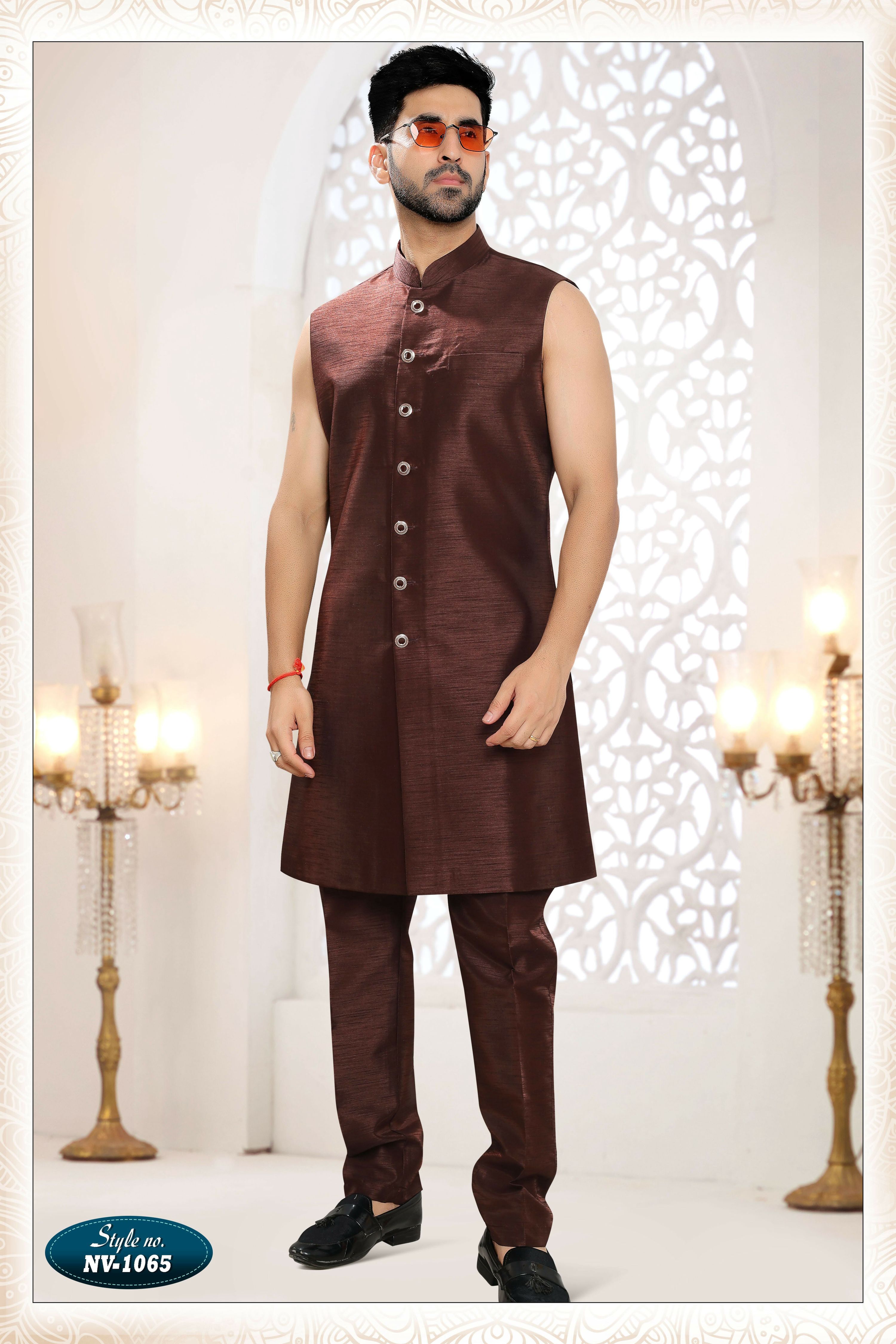 Men's Skin Brown Straight Silk Kurta Set with Embroidery