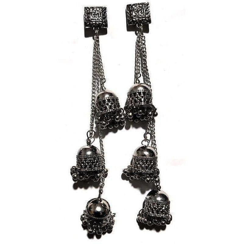 Antique Kashmiri style black pearl Jhumka earrings with long hanging chains