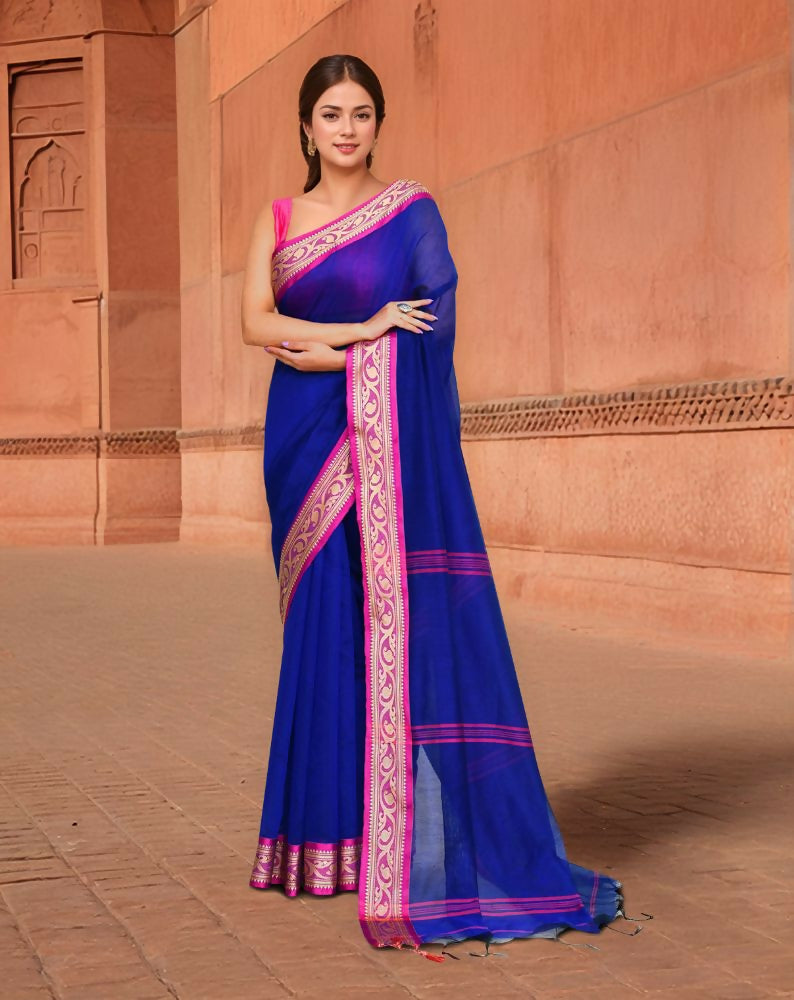 Trendy blue and pink cotton saree with a striking contrast, perfect for traditional and modern styling.