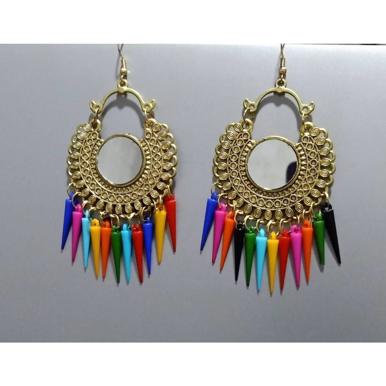 Gold tone Chandbali earrings with colorful tassel drops and mirror work