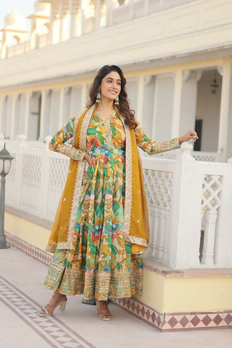 Green Russian Silk Anarkali Dress with Zari & Sequins Work