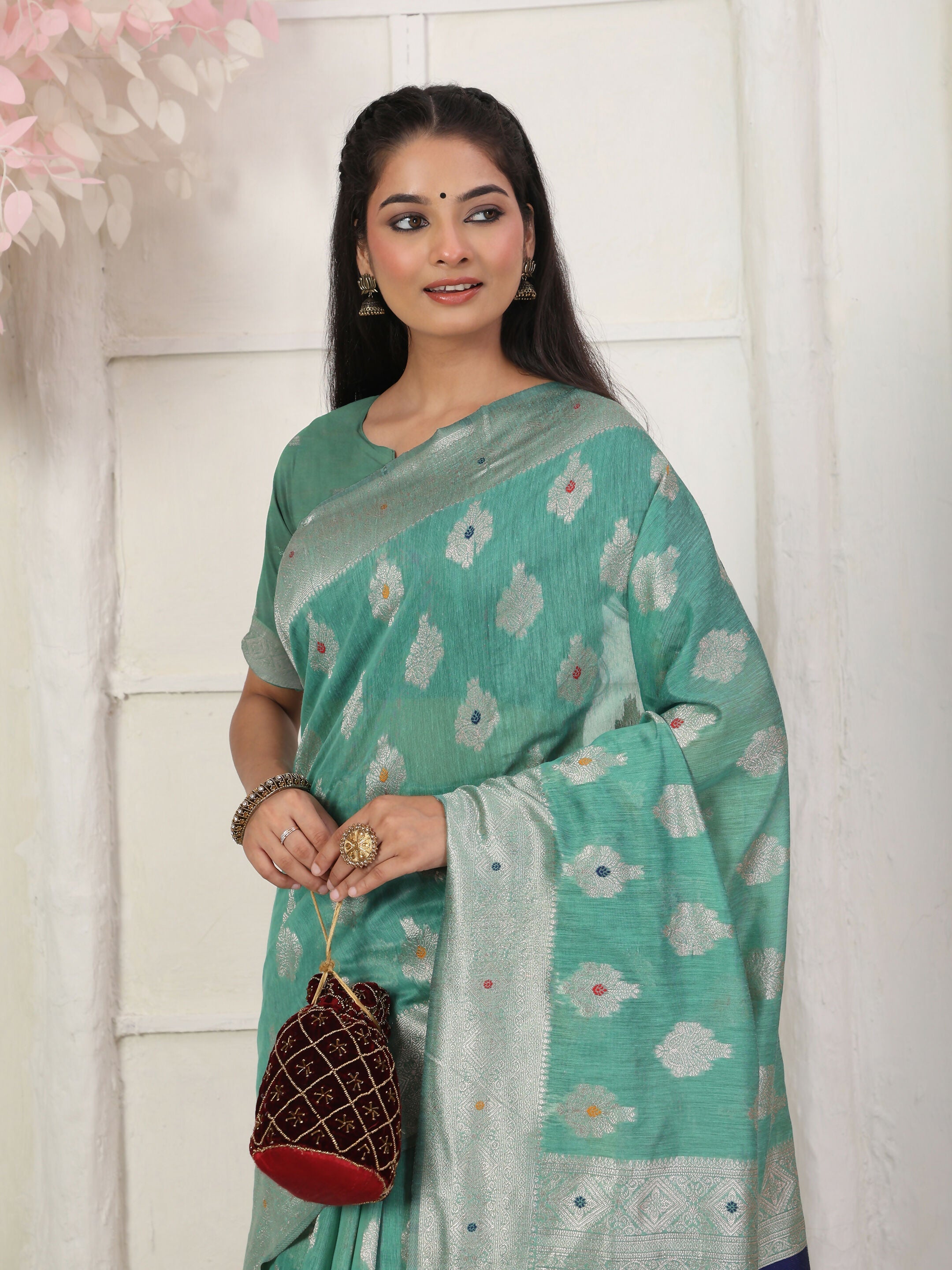 Rama Green Linen Cotton Saree with Matching Blouse