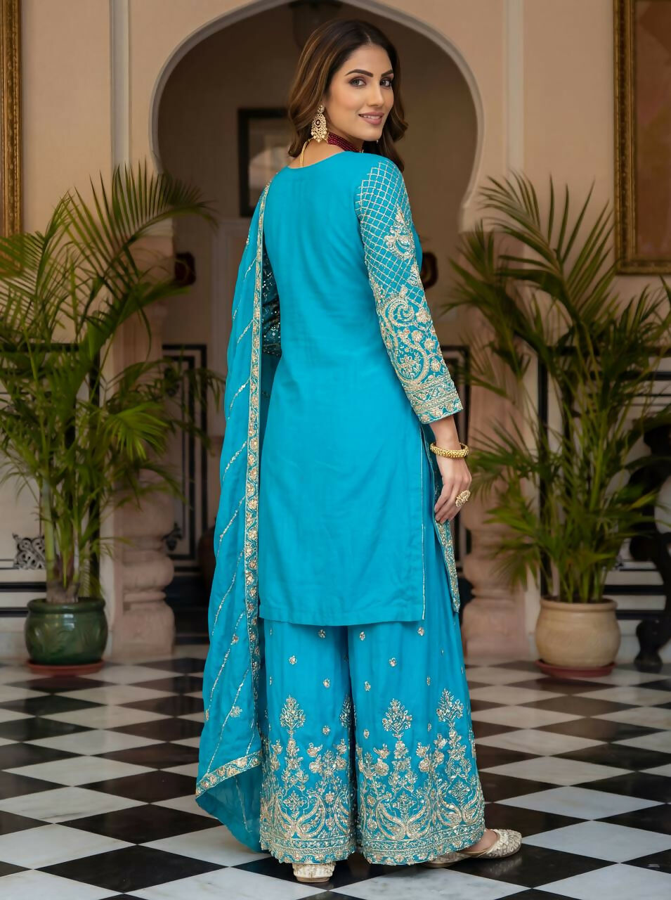 Sky Silk Embroidered Sharara Set - Elegant Occasion Wear