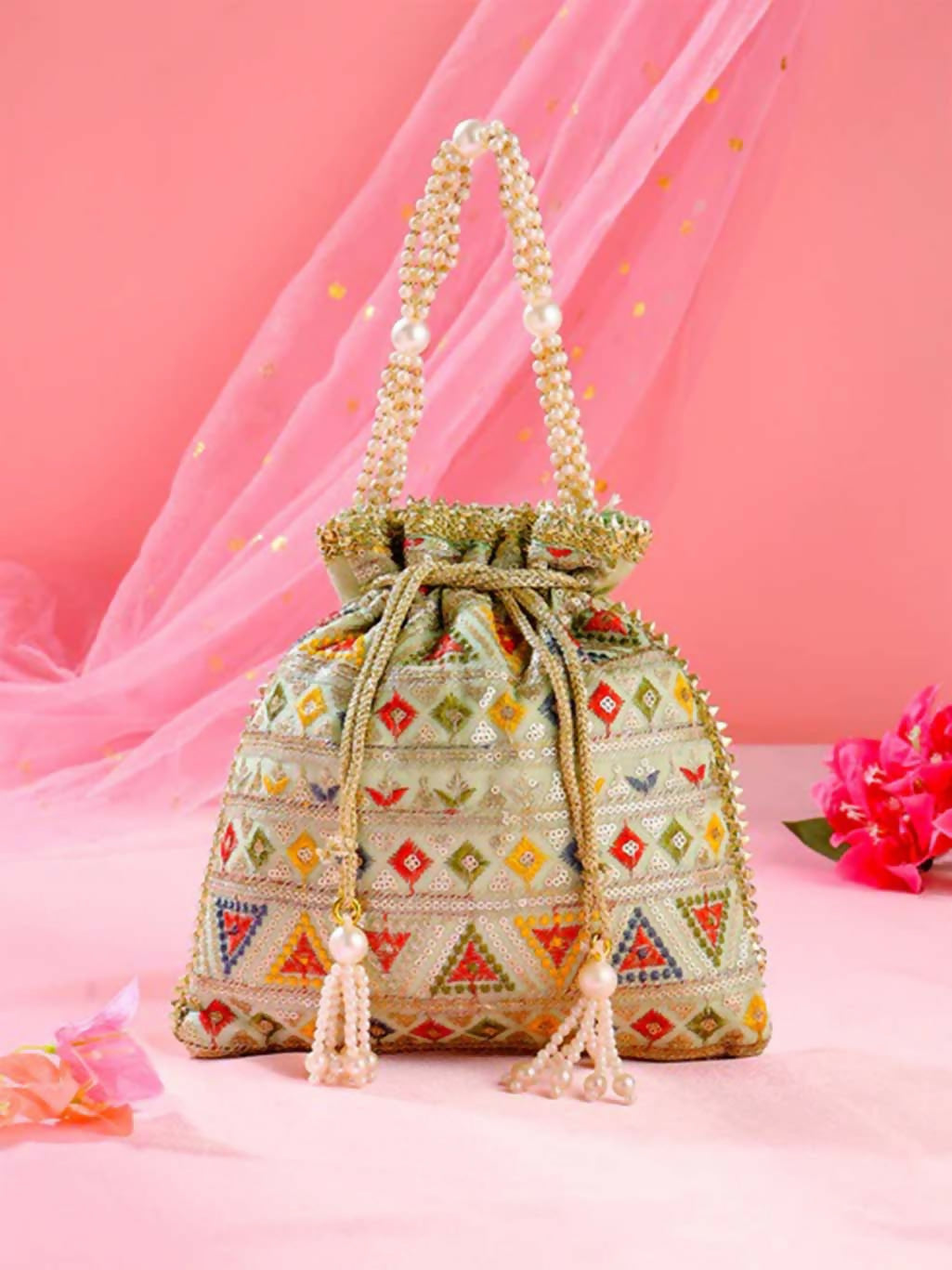 Multicolor traditional synthetic potli handbag for women