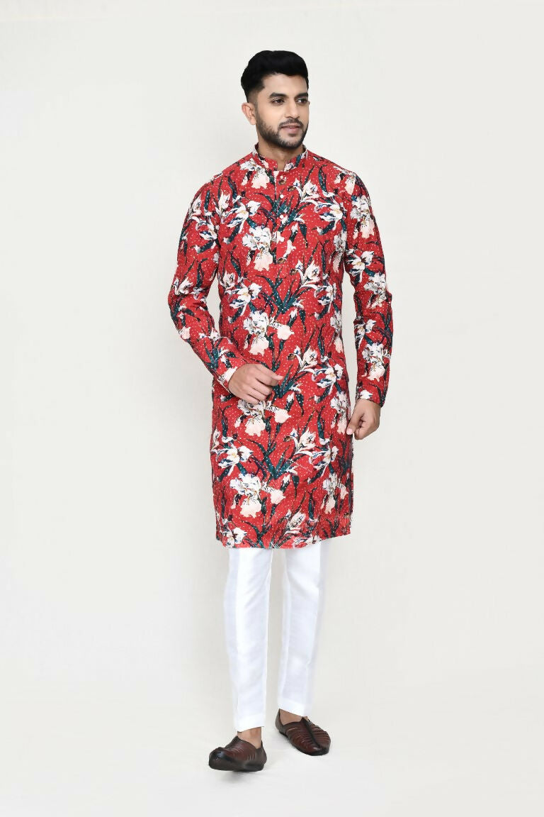 Maroon Rayon Kurta with Thread & Sequence Work and White Pant