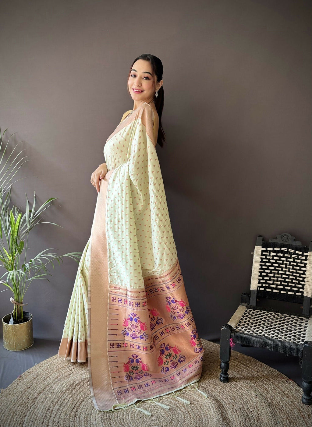 Beige Jacquard Butti Soft Lichi Silk Paithani Saree