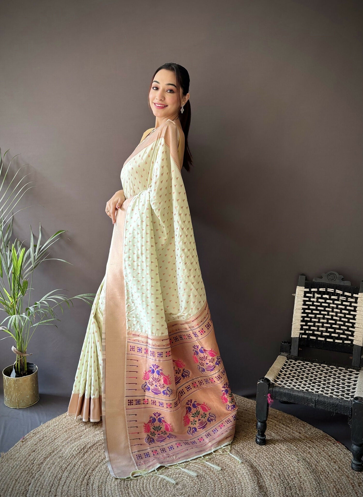 Beige Jacquard Butti Soft Lichi Silk Paithani Saree