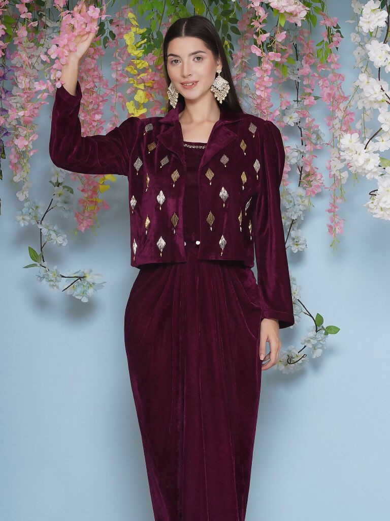 Joban Fashion Wine Hand Embellished Jacket with inner and skirt