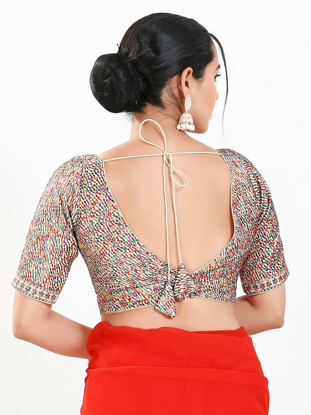 Joban Fashion Multi Mulberry Silk Padded Blouse With V Neck Elbow Sleeves