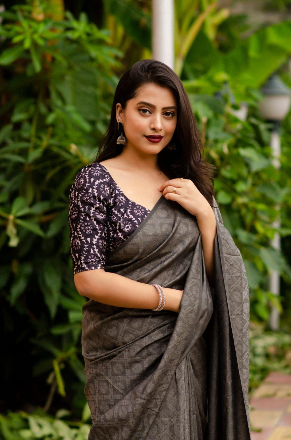 Grey Jute Silk Woven Jacquard Saree with Batik Style Blouse
