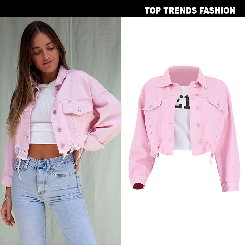 Women's Cropped Distressed Denim Jacket in Ghost Pink - Image 4