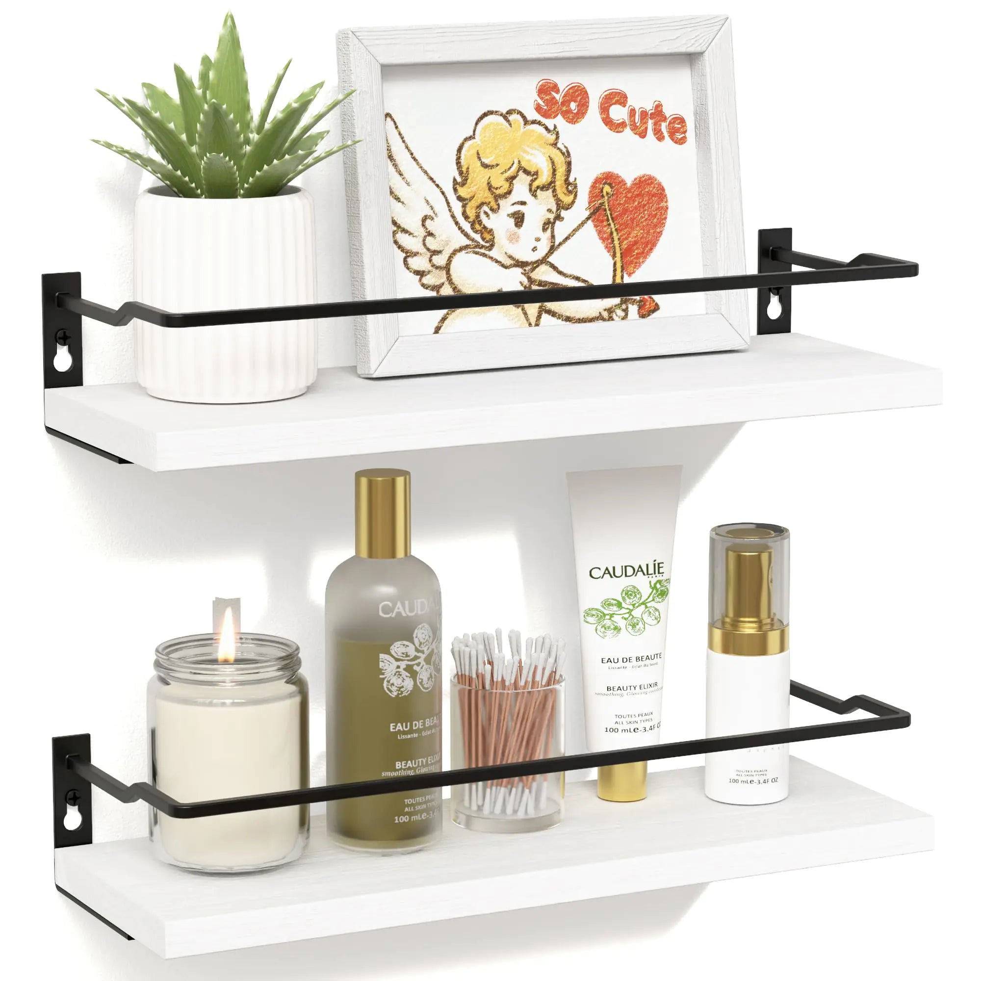 RICHER HOUSE White Bathroom Shelves Small Floating Wall Shelf for Bathroom Decor Wall Mounted Wood Shelves Bathroom Wall Organizer Over Toilet Storage Guard-Rail Kitchen Shelves Set of 2 - White