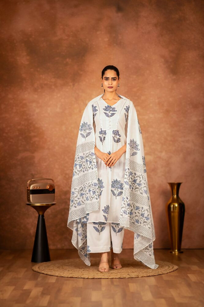 Off White and Blue Hand Block Printed Cotton Suit Set
