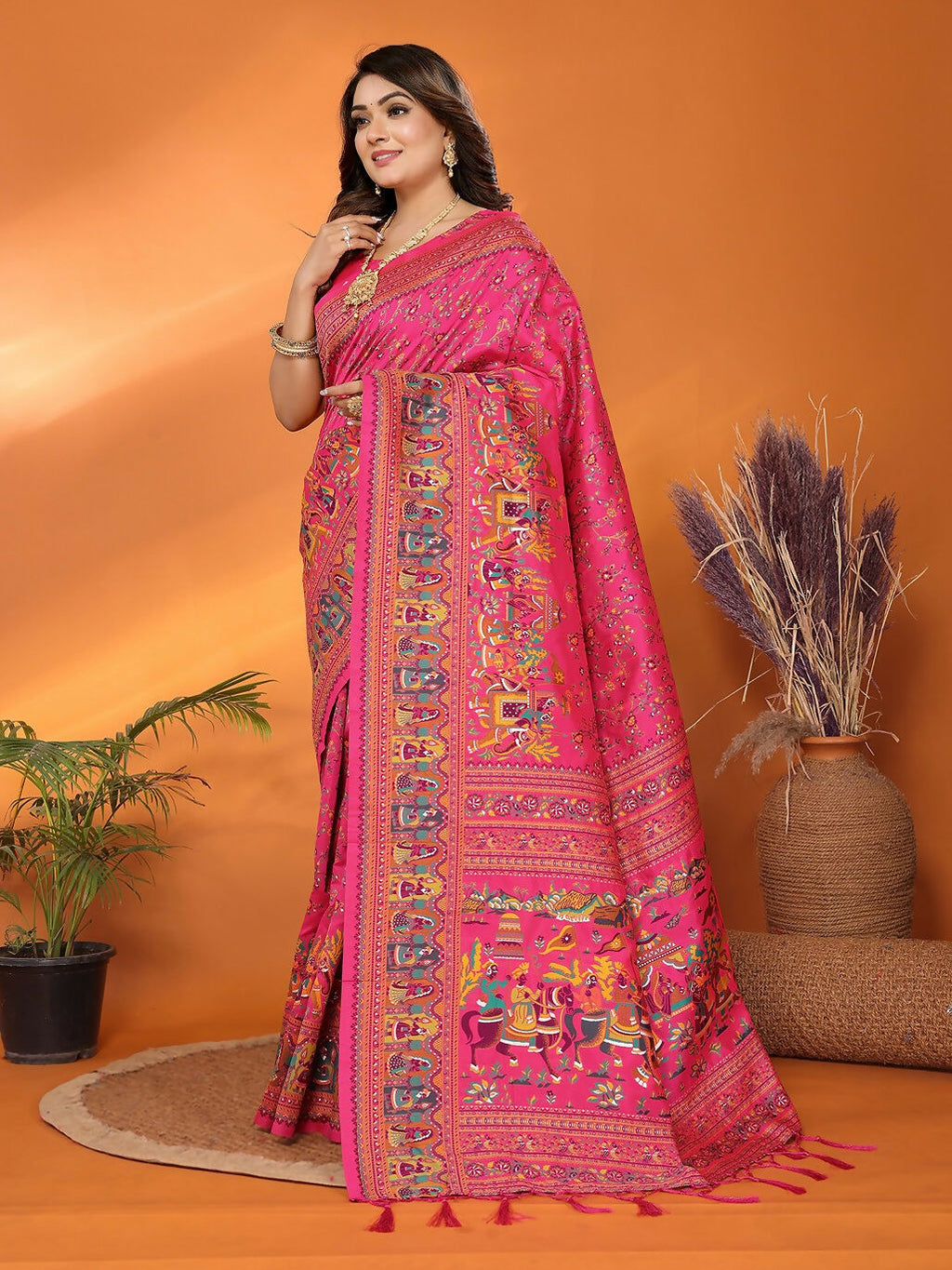 Joban Fashion Pink Meena Weaves Pashmina Sarees