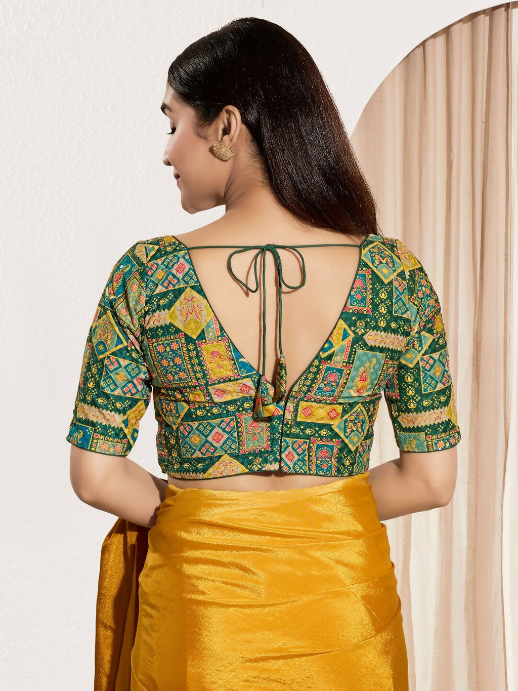 Bottle Green Viscose Rayon Padded V-Neck Elbow Sleeve Blouse