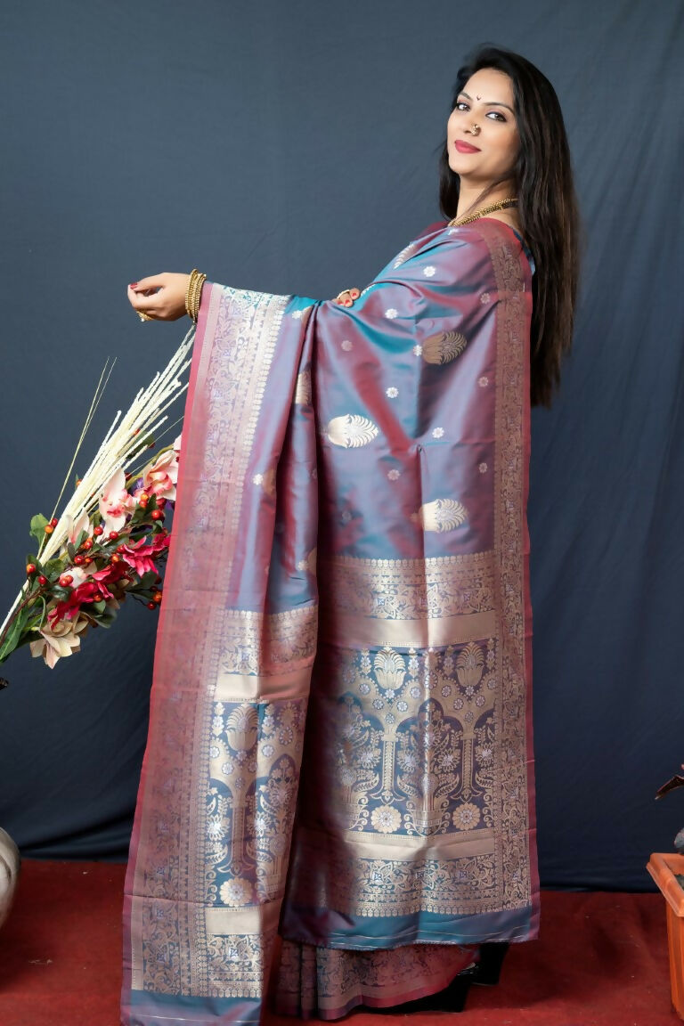 Grey Paithani Silk Zari Woven Saree with Matching Blouse Piece