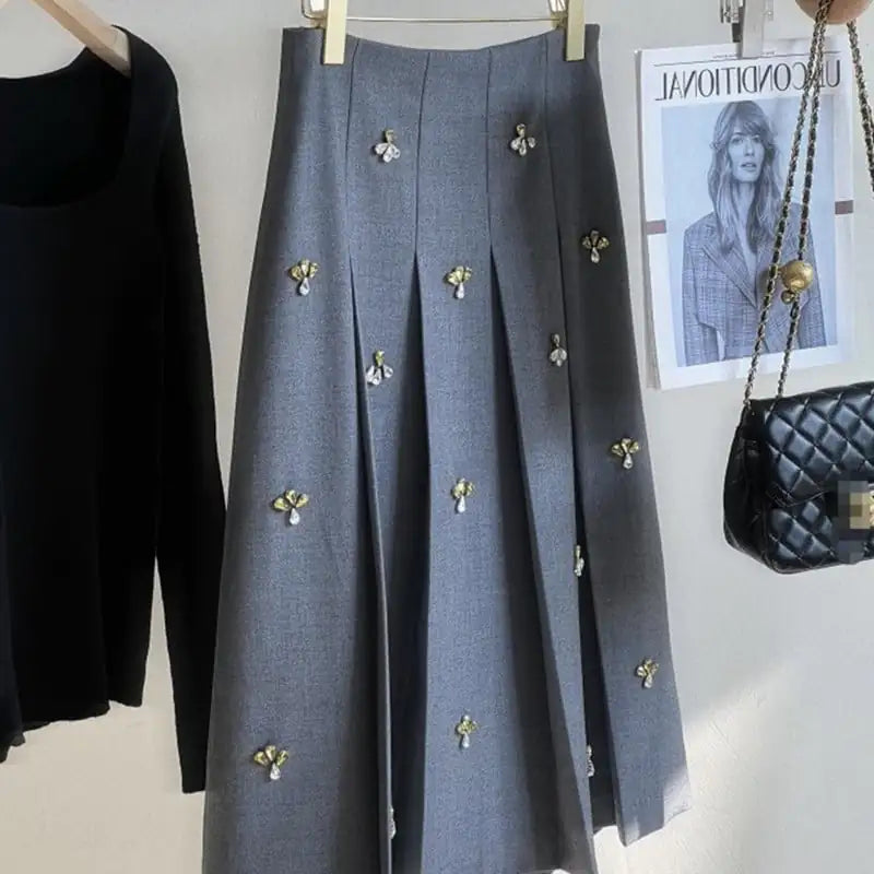 Luxury College Style Rhinestone Pleated Skirt