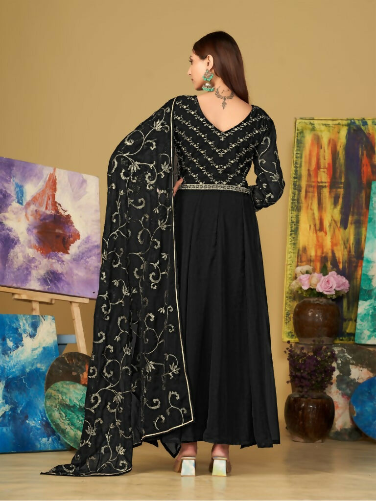 Women's Black Georgette Embroidered Anarkali Kurta Pant Set