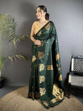 Bottle Green Soft Silk Banarasi Saree with detailed golden zari motifs