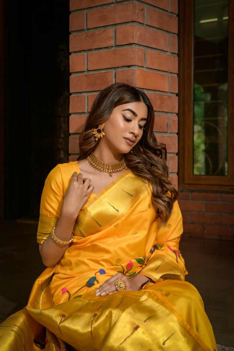 Women's Yellow Paithani Silk Saree with Zari Woven Border & Blouse