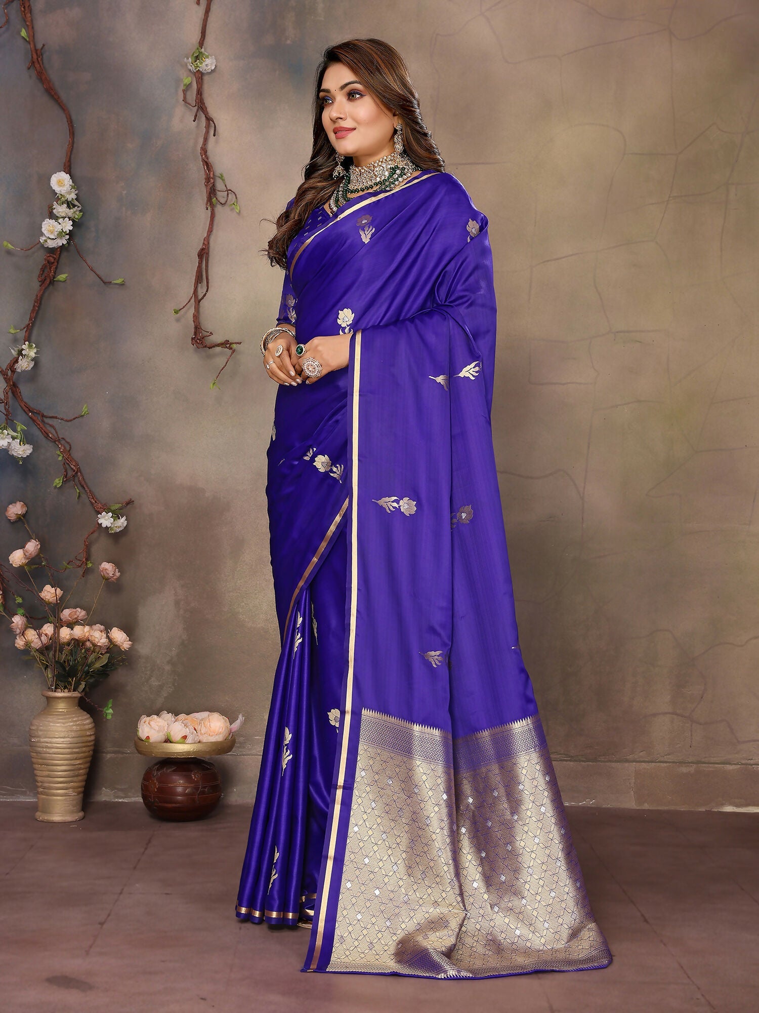 Indigo Blue Satin Silk Banarasi Saree with Floral Botanical Motifs