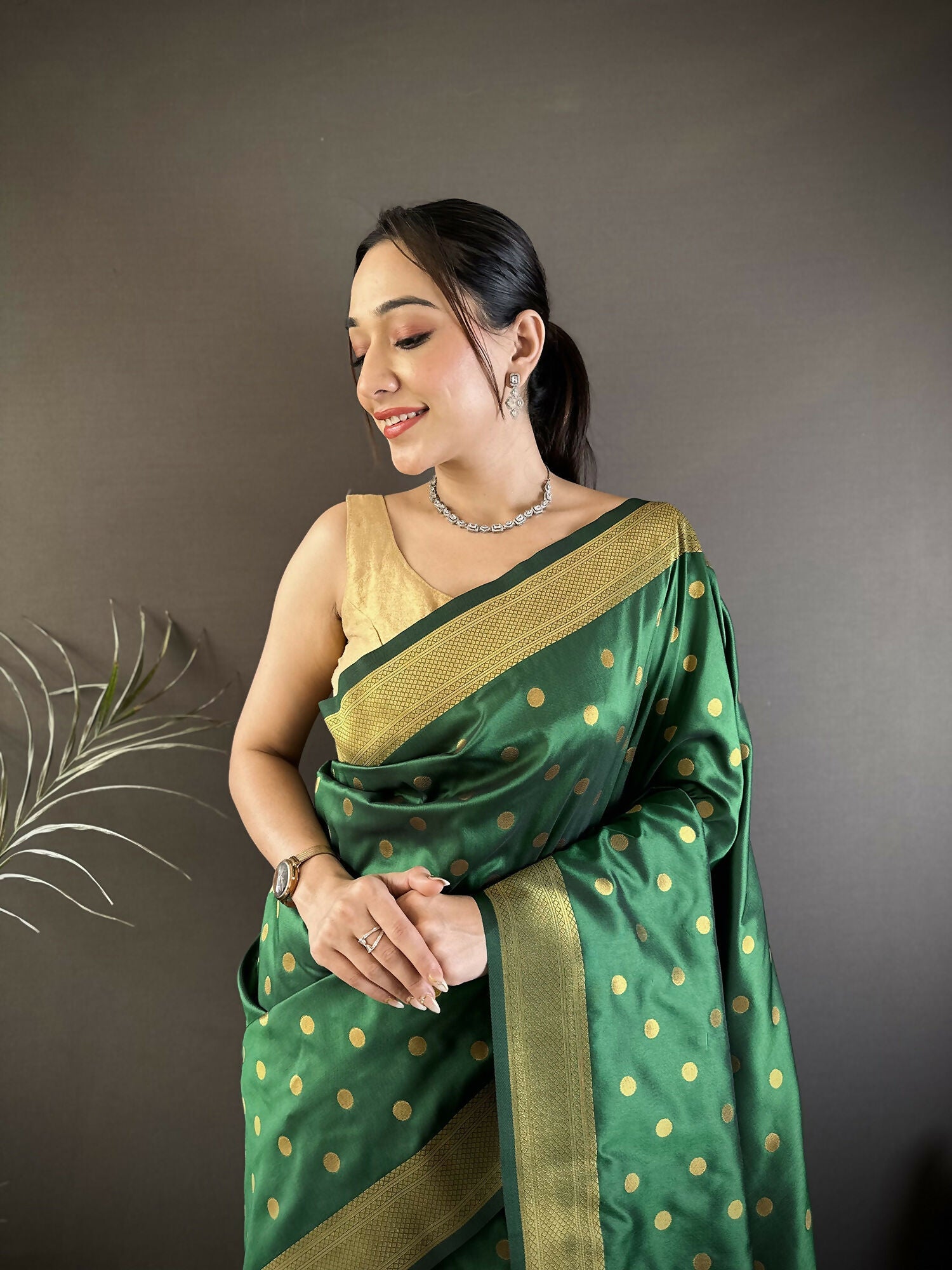 Green Polka Dot Lichi Silk Paithani Saree with Matching Blouse
