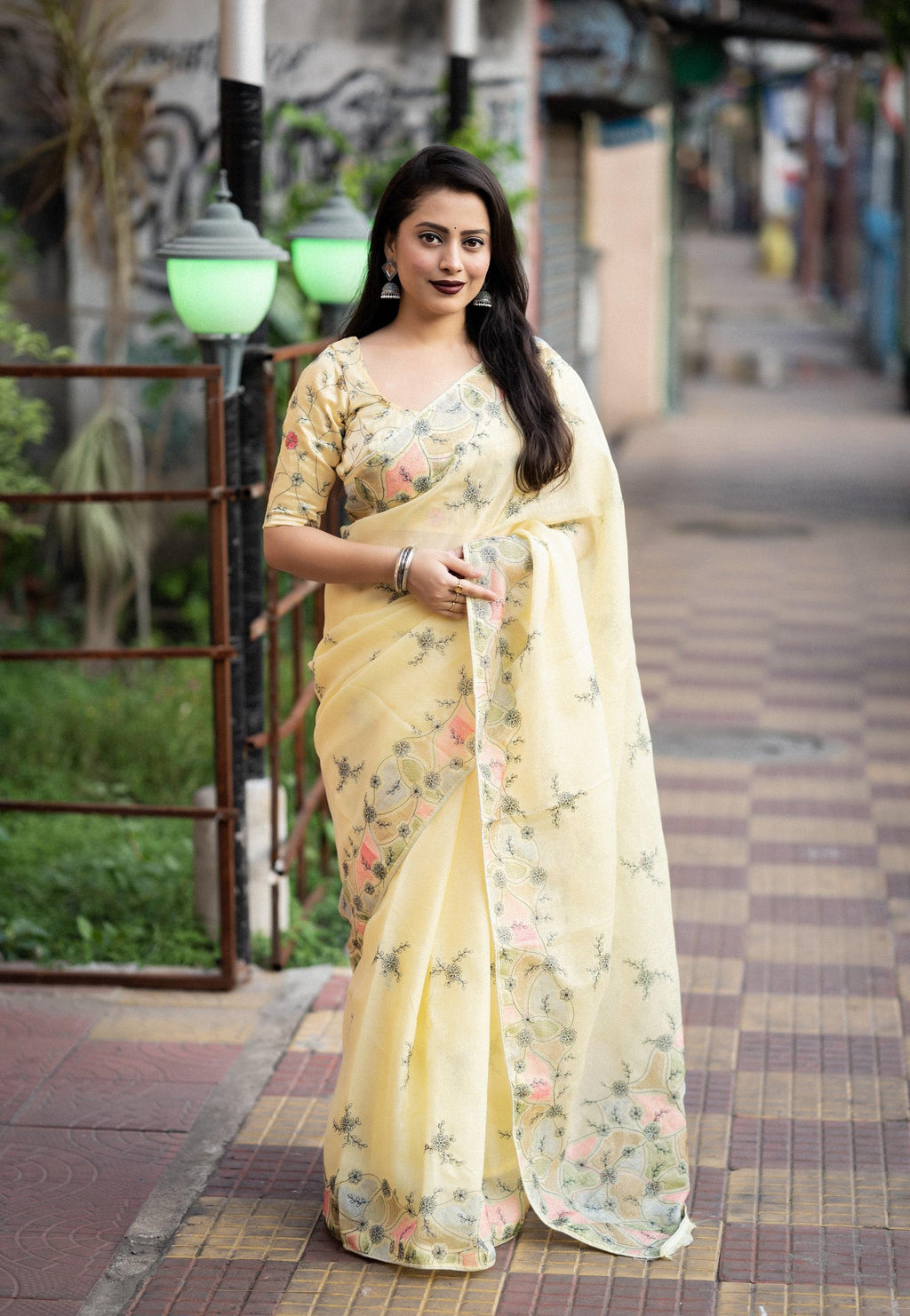 Yellow Pure Linen Saree with Ethnic Pencil Stitch Embroidery