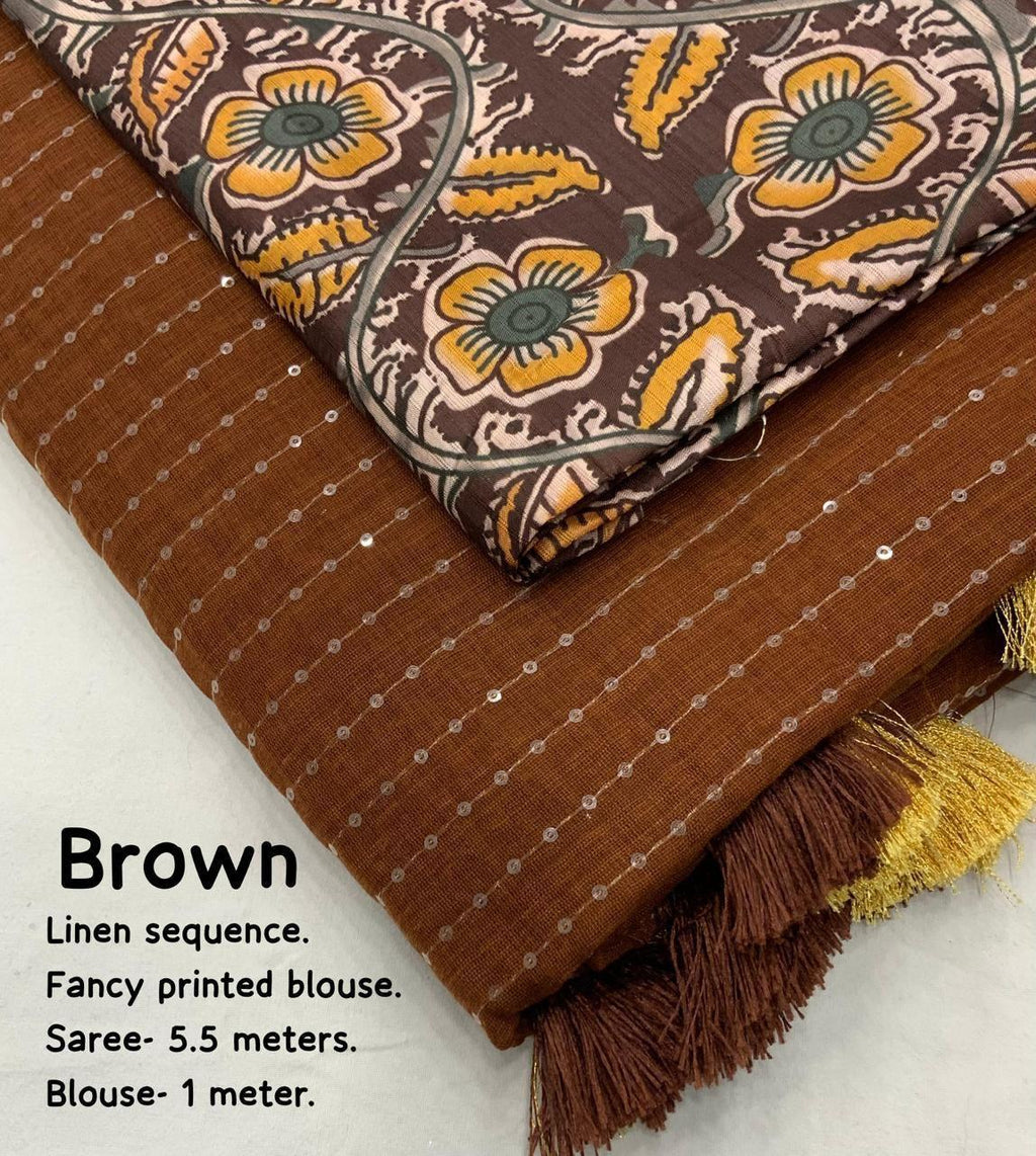 Brown Linen Sequence Saree with Unstitched Blouse - Hiral Fashion