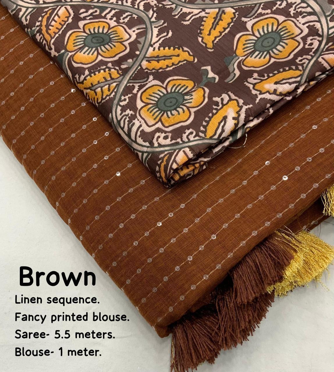 Brown Linen Sequence Saree with Unstitched Blouse - Hiral Fashion