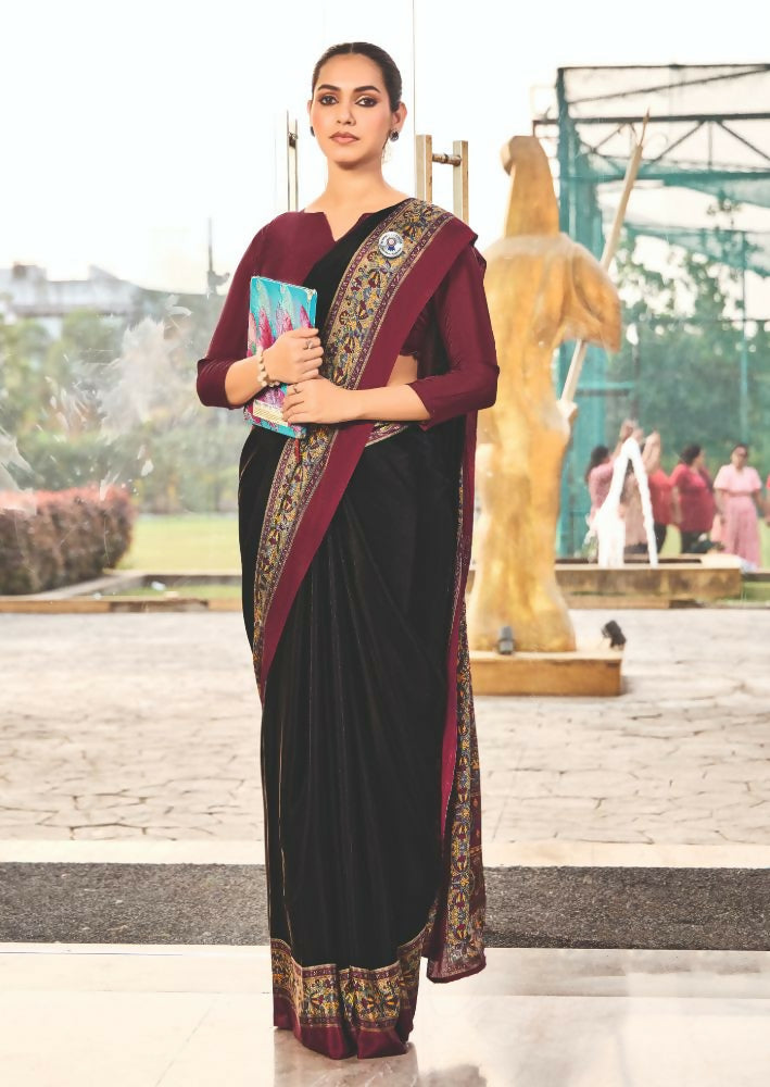 Black Crepe Silk Saree with Traditional Print for Party Wear