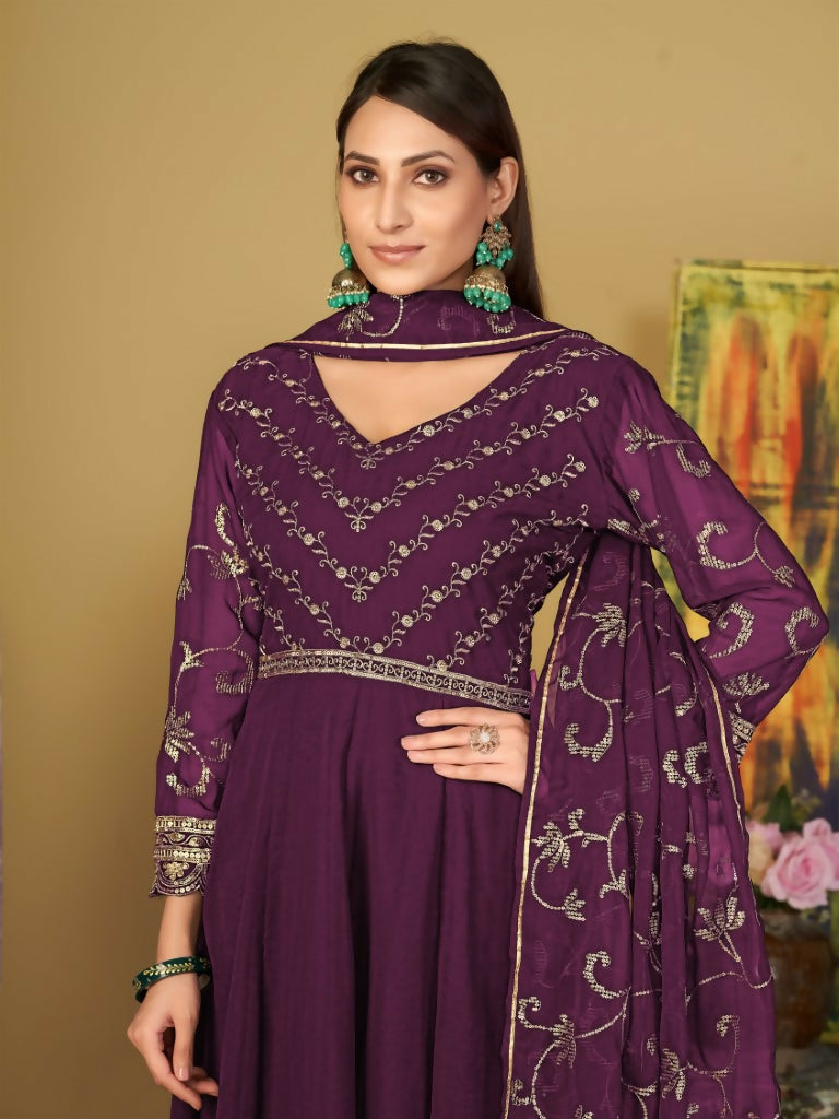 Purple Georgette Embroidered Anarkali Kurta Pant Set