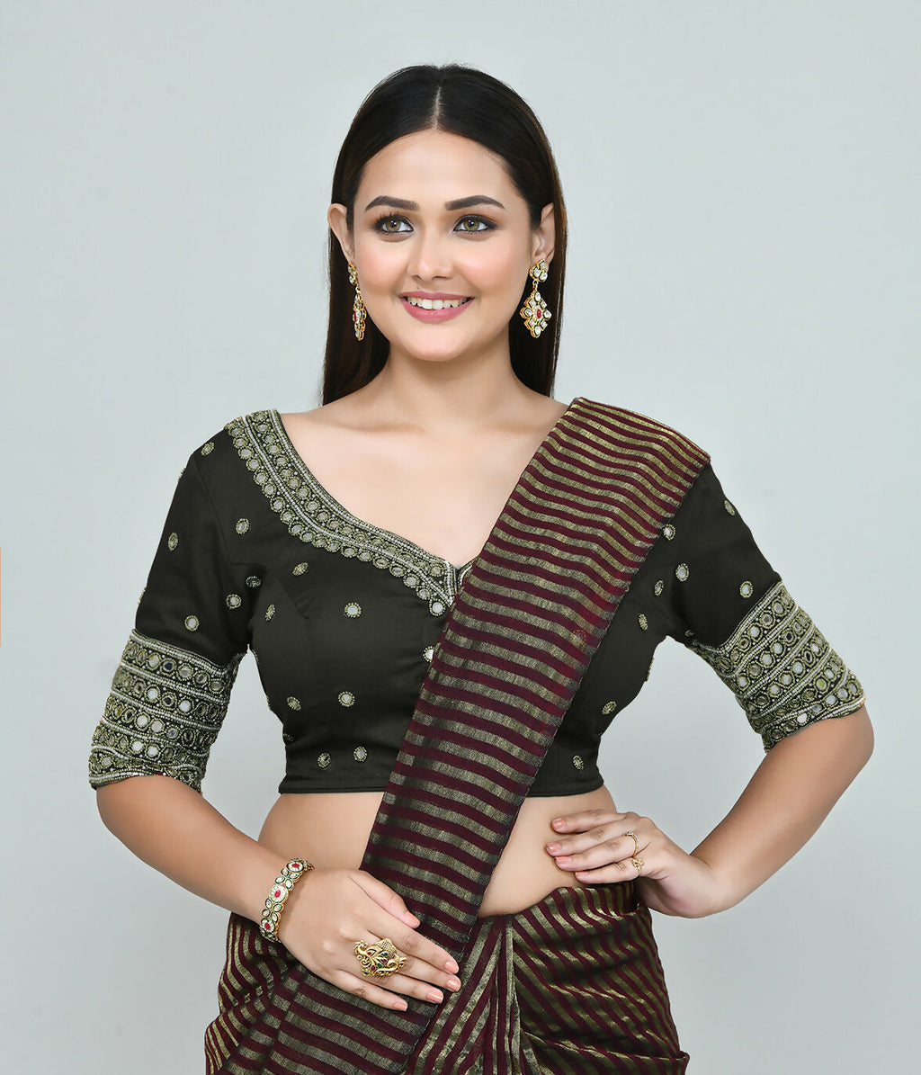 Dark Green Embroidered Art Silk Stitched Blouse for Women