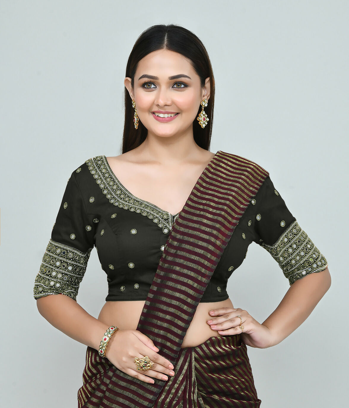 Dark Green Embroidered Art Silk Stitched Blouse for Women