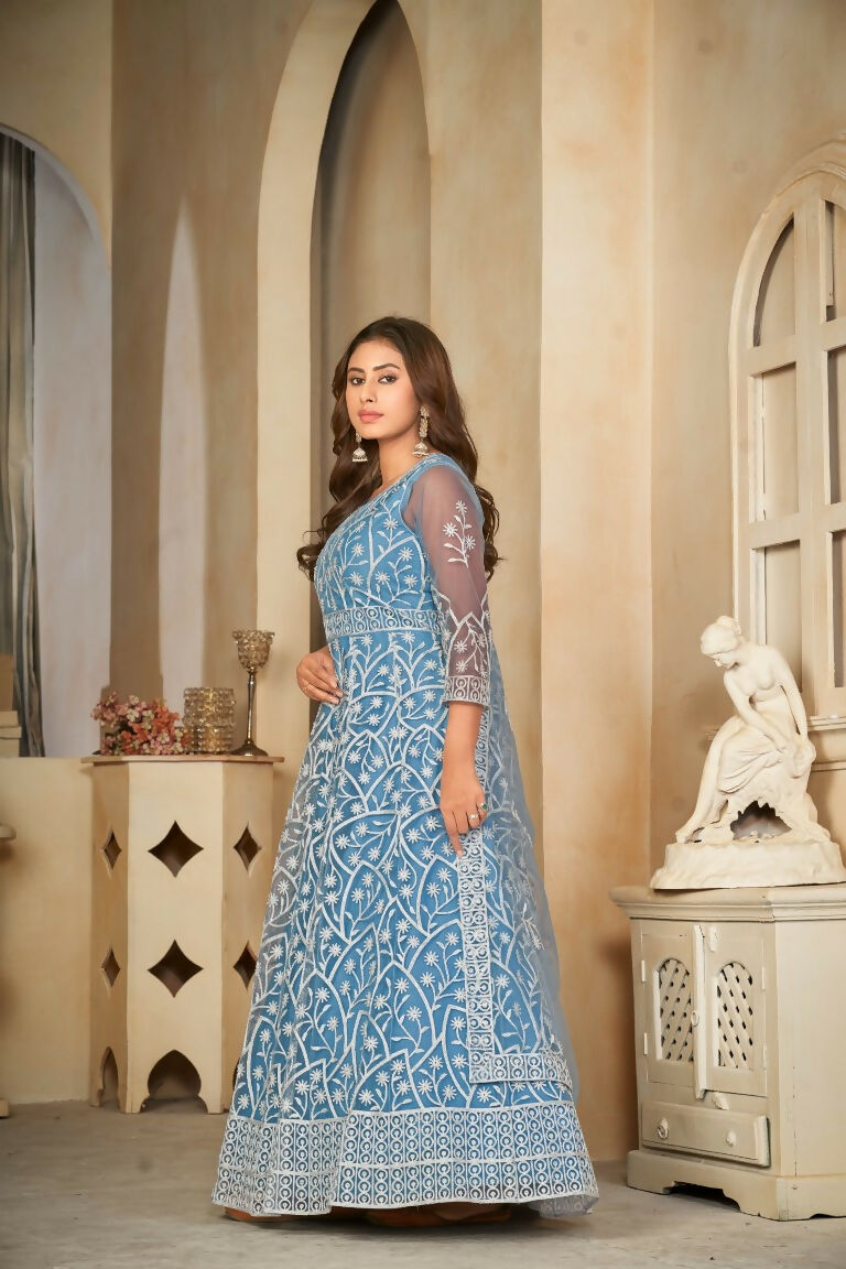 Sky Blue Net Embroidered Anarkali Kurta Pant Set with Dupatta