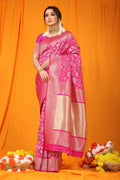 Vibrant Rani Pink Kanjivaram Silk Saree with Zari woven detailing and matching blouse