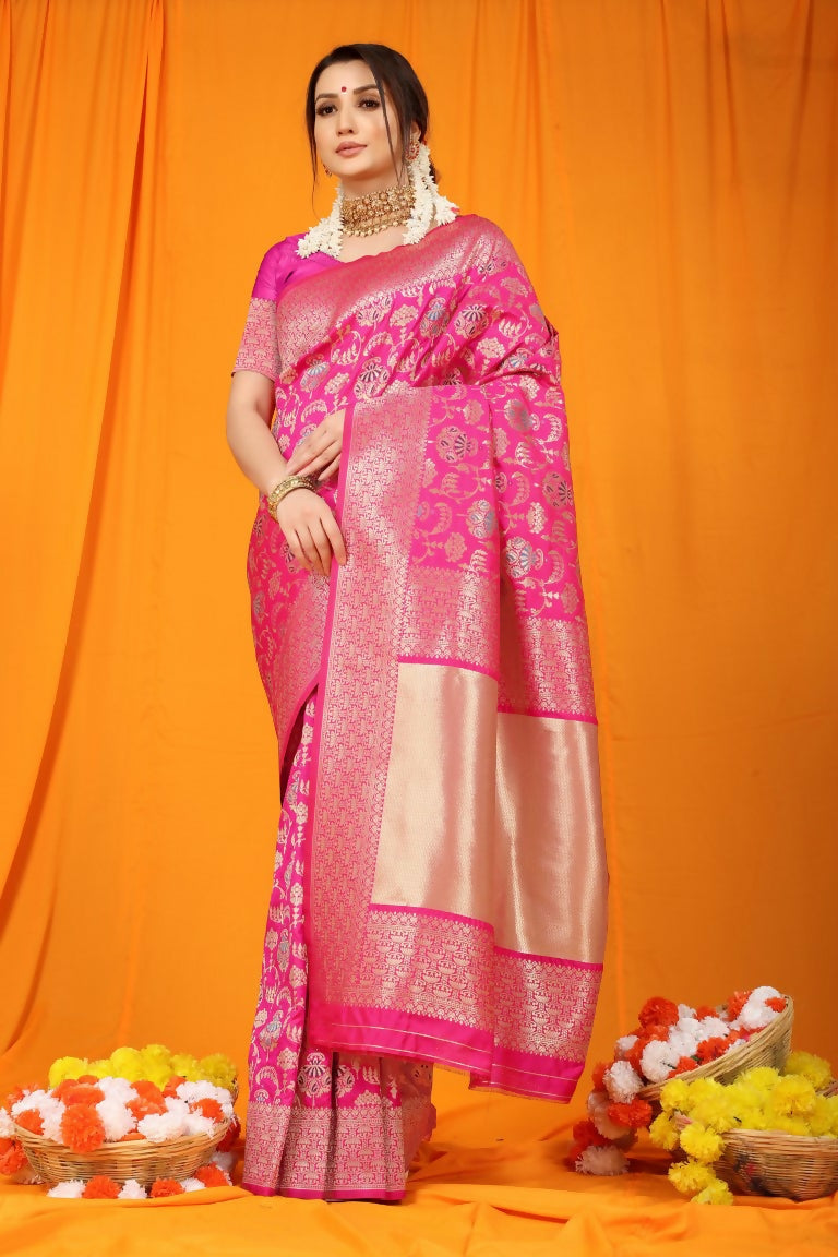 Vibrant Rani Pink Kanjivaram Silk Saree with Zari woven detailing and matching blouse