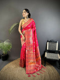 Coral Pink geometric pattern soft silk Patola saree with matching unstitched blouse piece