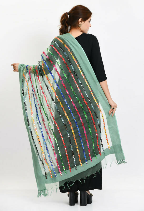 Pista Green Organza Dupatta with Multi Thread and Mirror Work