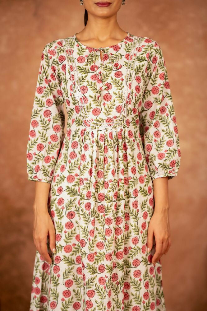 Red Floral Hand Block Printed Cotton Kurta Pant Set