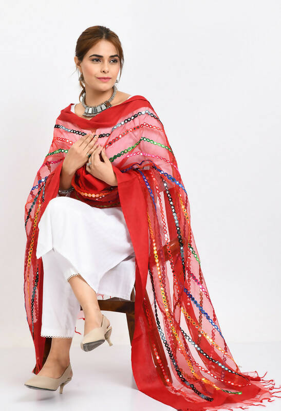 Red Organza Multi Thread Mirror Work Bohemian Dupatta