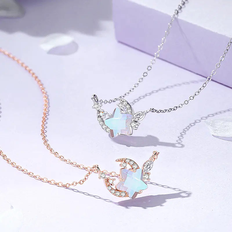 S925 Silver Moon and Flower Pendant Necklace